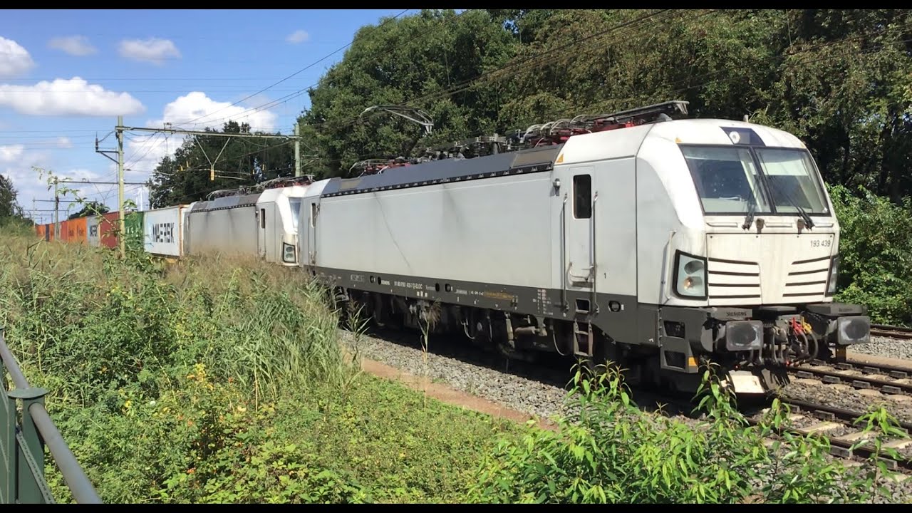 Nice 👍 trainconsist Blerick Shuttle Container Train with 2 White Vectron locomotives at Blerick🇳🇱👍🚂🚂