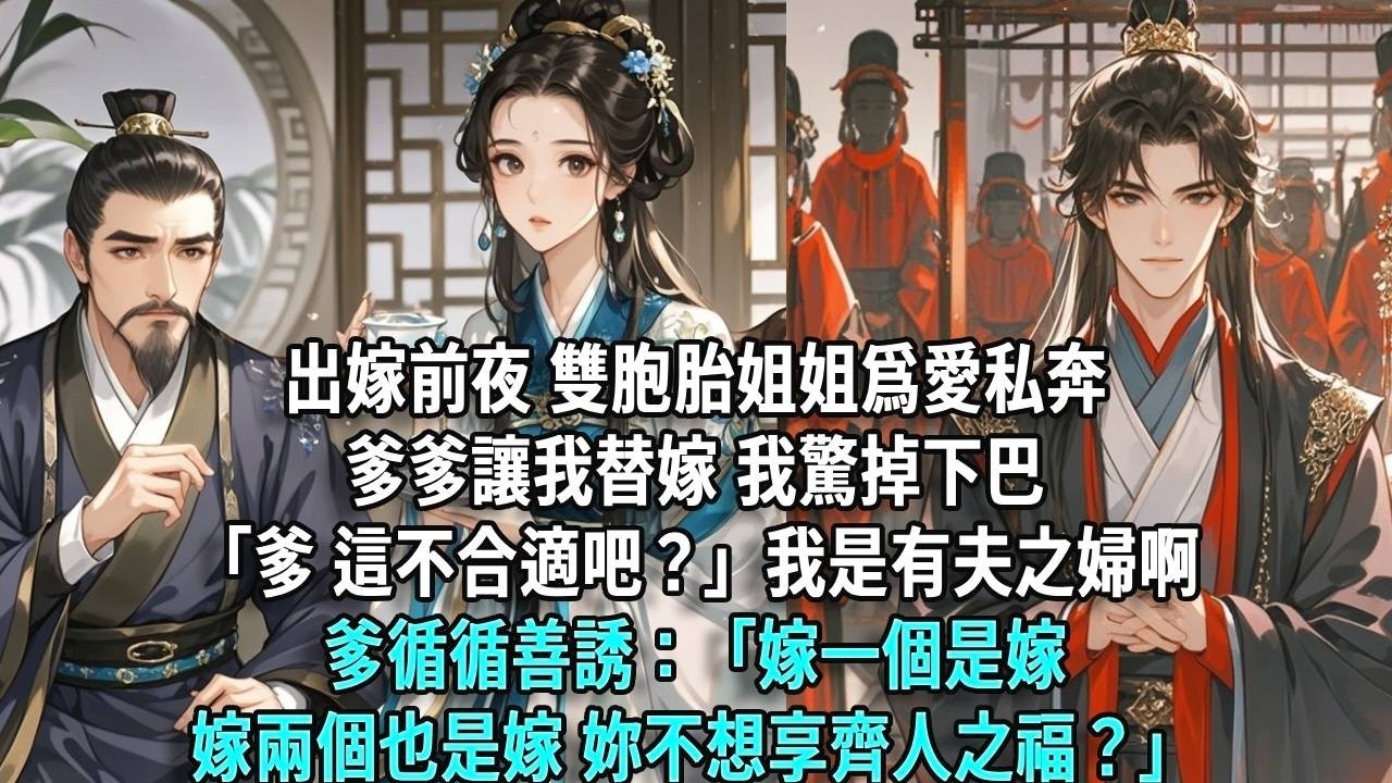 出嫁前夜，雙胞胎姐姐爲愛私奔爹爹讓我替嫁 我驚掉下巴「爹，這不合適吧？」我是有夫之婦啊爹循循善誘：「妳姐夫一表人才 身強力健」「嫁一個是嫁，嫁兩個也是嫁，妳不想享齊人之福？」