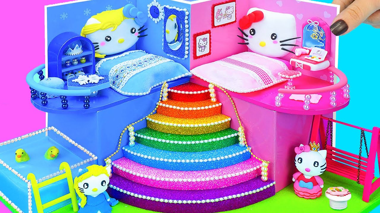 Build Hello Kitty's Miniature Hot and Cold House With Rainbow Stairs from Cardboard, Polymer Clay