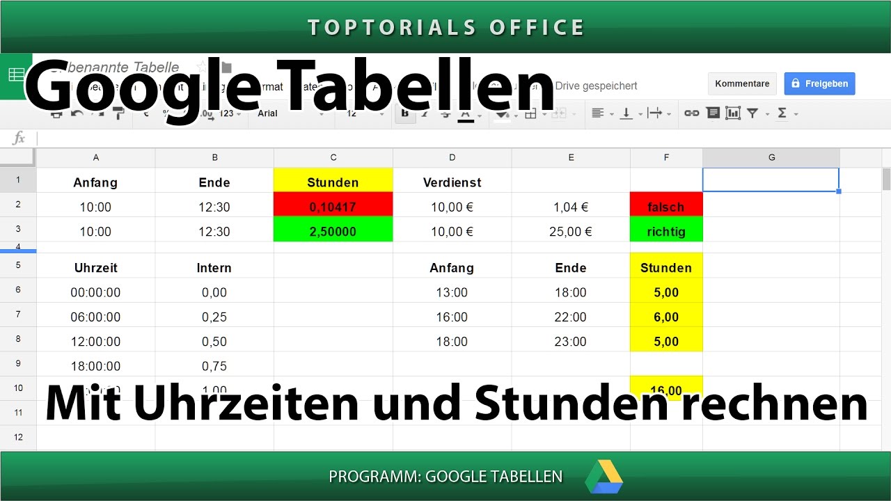 New Mit Uhrzeiten und Stunden rechnen (Google Tabellen / Spreadsheets)