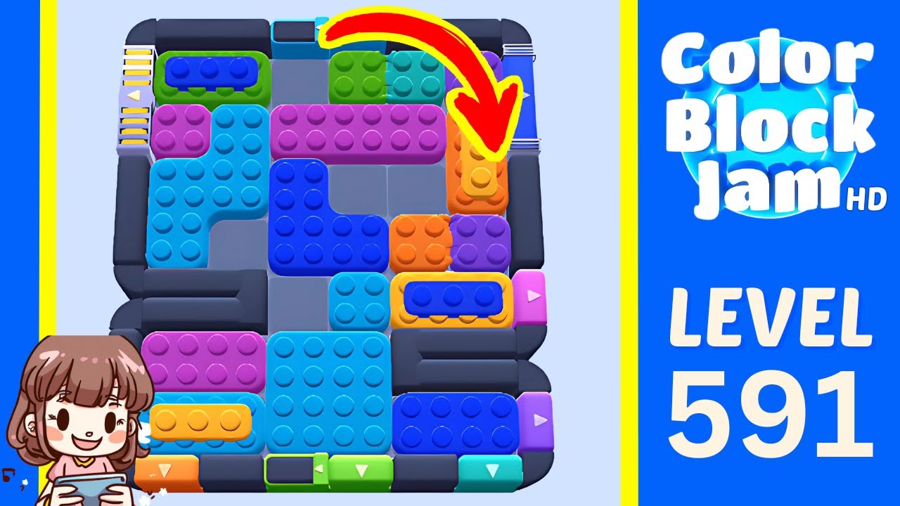 Color Block Jam Level 591 Level 591 board with a 2:40 timer, three visible counter lanes, upper-center congestion, and late lower/right cleanup opening frame