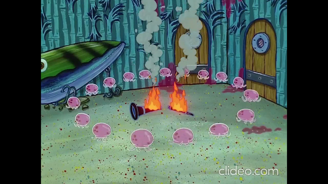 jellyfish dancing next to a cracked (SpongeBob gets angry