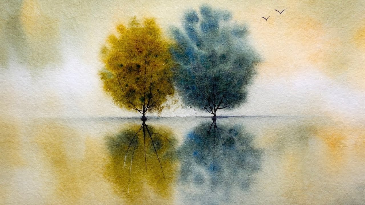 Calm Watercolor Landscape | Trees Reflection
