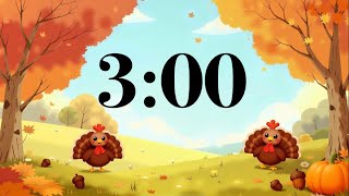 3 Minute Thanksgiving Timer 🦃 Cute Turkeys, Fall Trees & Happy Acoustic Music | Classroom Countdown