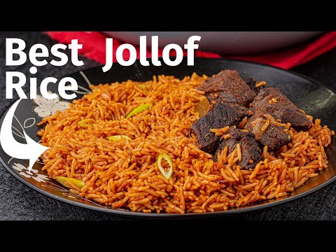 Smoky jollof rice with fried beef, from the video