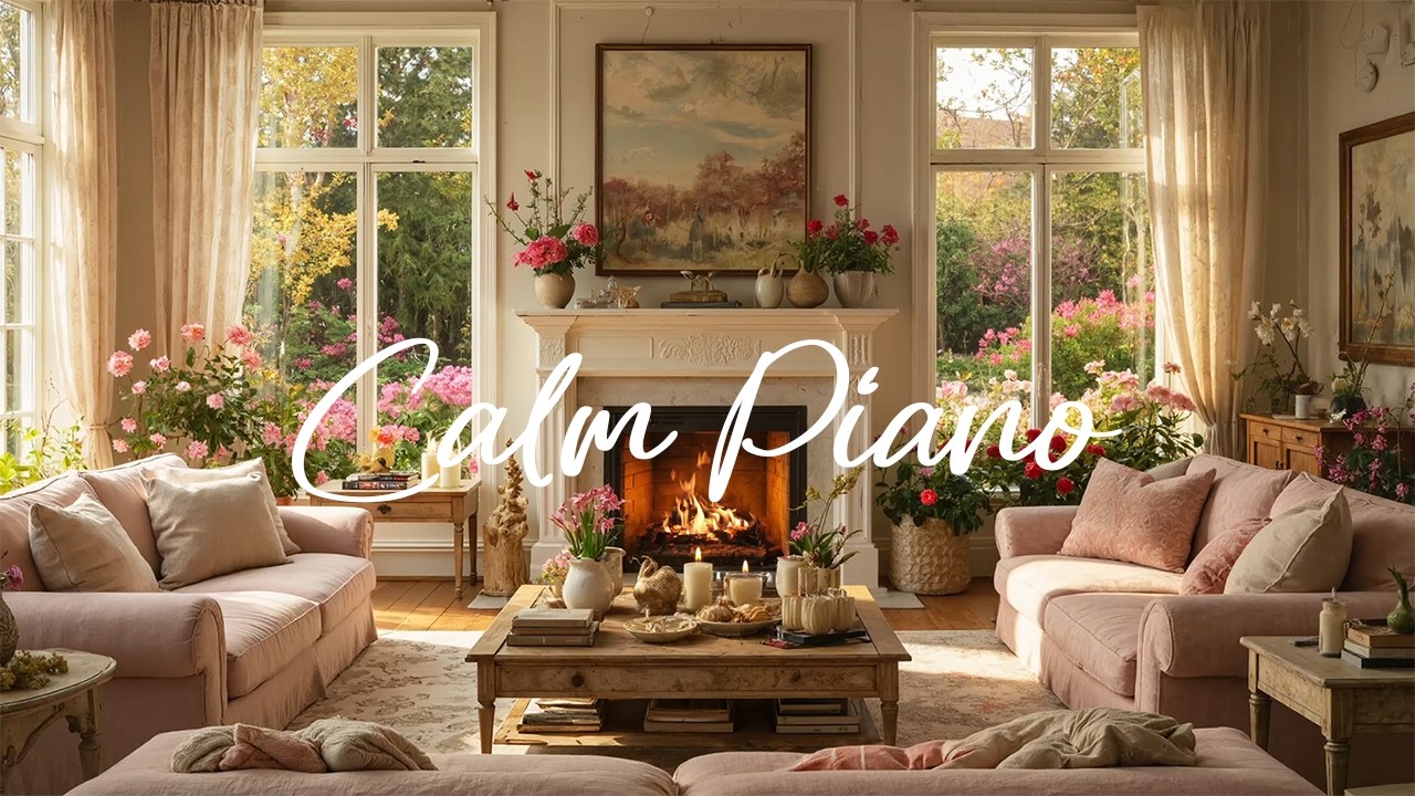 Calm Piano 🌸 Cozy Floral Living Room | Soft Piano Music & Warm Fireplace Ambience