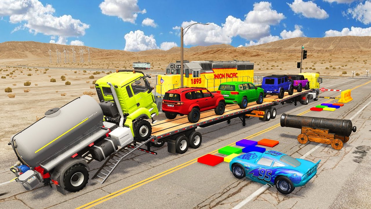 Flatbed Truck McQueen  | Transportation with Truck |  Pothole vs Car vs GiantSpinner 