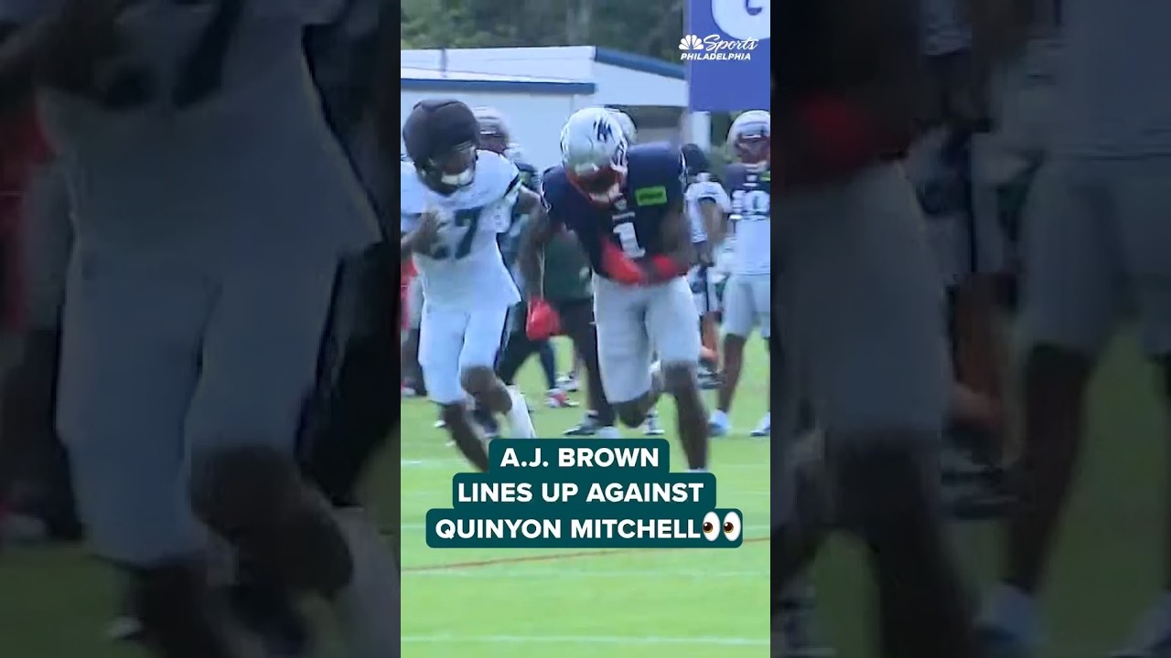 A.J. Brown lined up against Quinyon Mitchell for a 1-on-1 drill at Eagles-Patriots joint practice