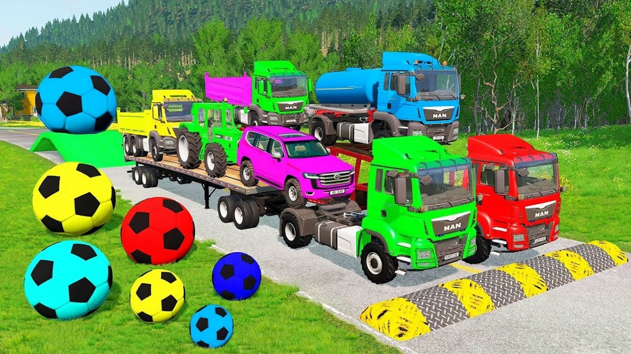 Flatbed Trailer McQueen Transportation with Truck - Speedbumps vs Cars vs Train - BeamNG.Drive #22