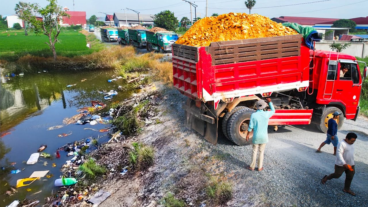 Start Opening Amazing Project!! Landfill Delete Dirty Flood By Skills Dozer Pushing Stone Into Water