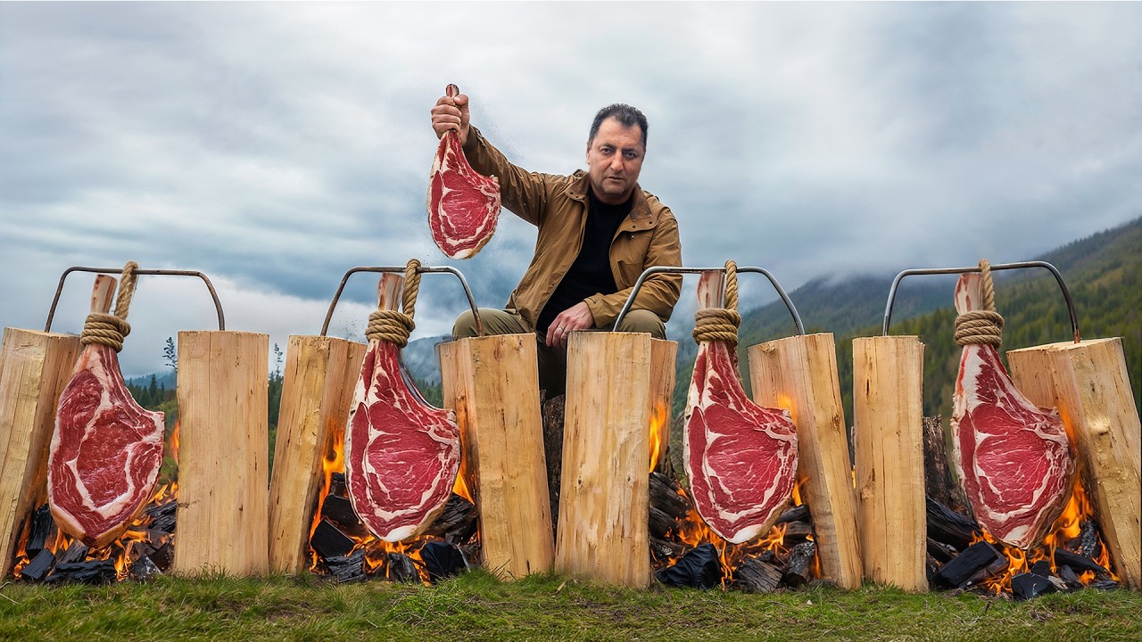 Cooking Juicy Steaks Between Logs For A Delicious Feast