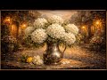 Romantic European Night White Hydrangeas And Lantern Glow In 4K Oil Painting For Calm Spaces Romantic European Night White Hydrangeas And Lantern Glow In 4K Oil Painting For Calm Spaces