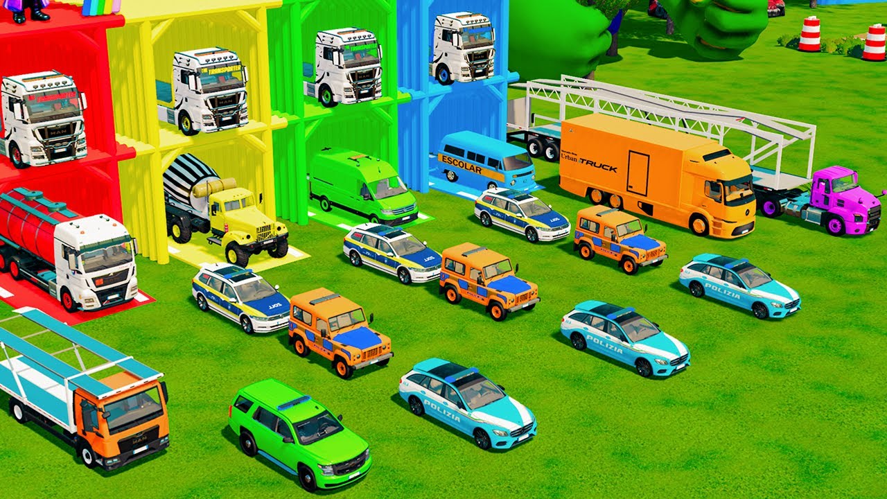 TRANSPORTING ALL POLICE AND EMERGENCY VEHICLES, MINIBUS, TANK TRUCK, AND AMBULANCE TO GARAGE - FS22