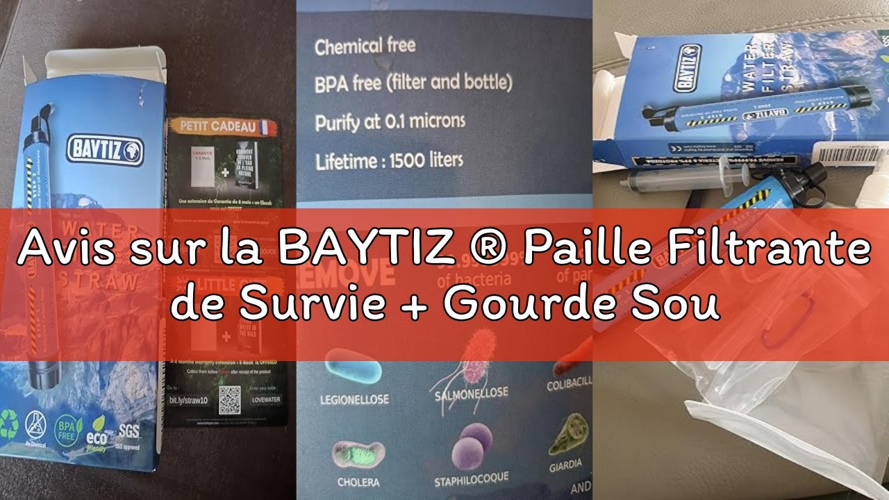 BAYTIZ ® Paille Filtrante de Survie x2 + Gourde Souple - Purificateur d'Eau pour Randonnée Camping Bushcraft - Filtre à Eau de Poche Materiel Militaire Accessoires Survivalisme Equipement Kit Voyage