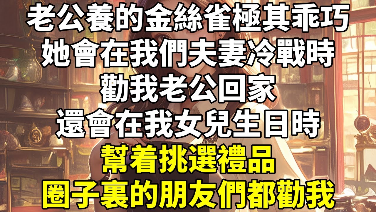 老公養的金絲雀極其乖巧。她會在我們夫妻冷戰時勸我老公回家。還會在我女兒生日時幫着挑選禮品。 