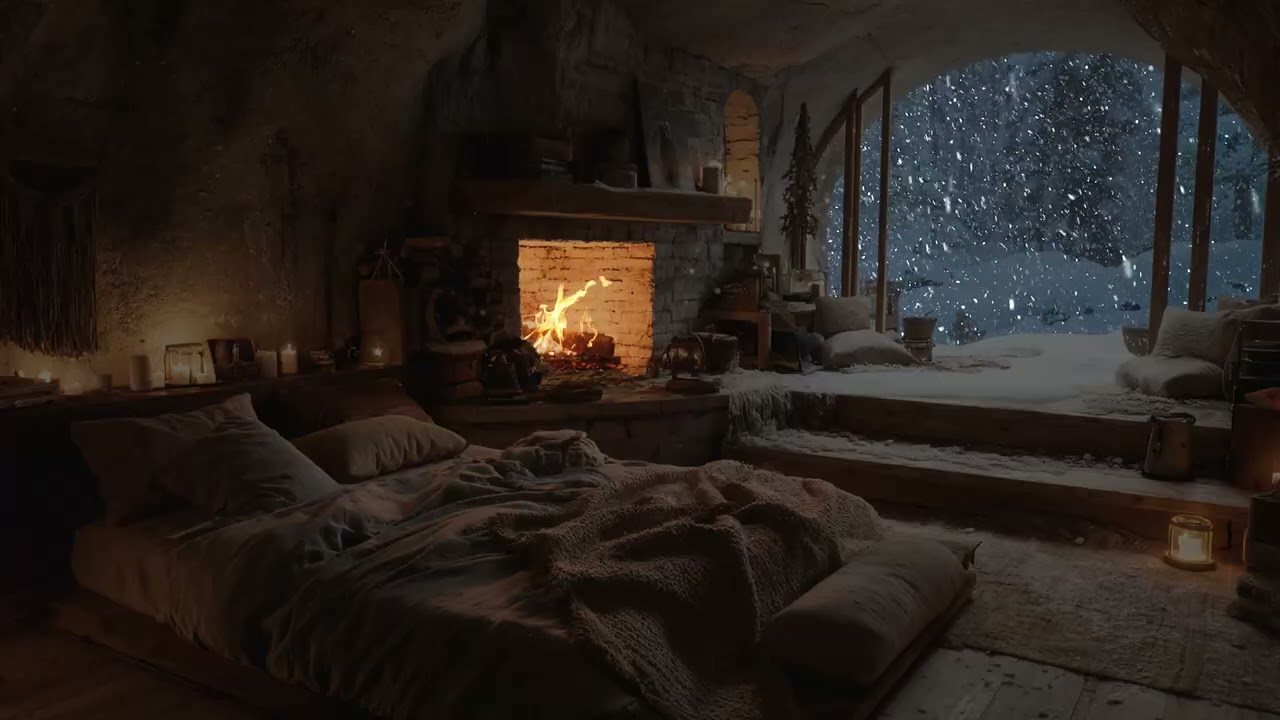Snowstorm Against the Old Cabin Walls | Warm Firelight Flickers Softly Through the Winter Silence
