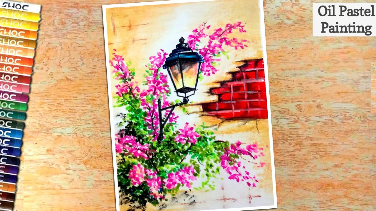 Lantern Lamp Wall Painting | Oil Pastel Drawing for Beginners - step by step | Satisfying Art | 