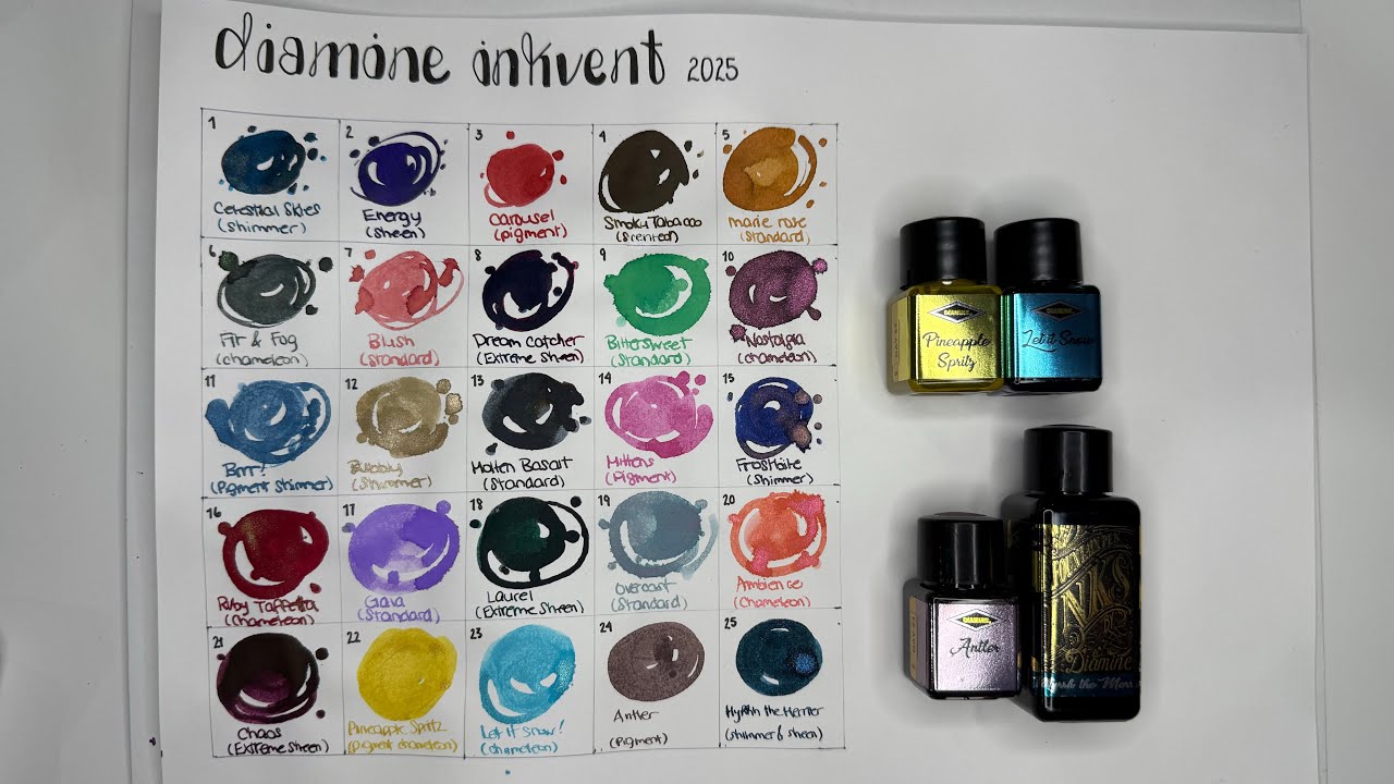 PLAY | Week 4 Diamine Inkvent 2025 (Teal) - full lineup and process for swatch dots on the lids!