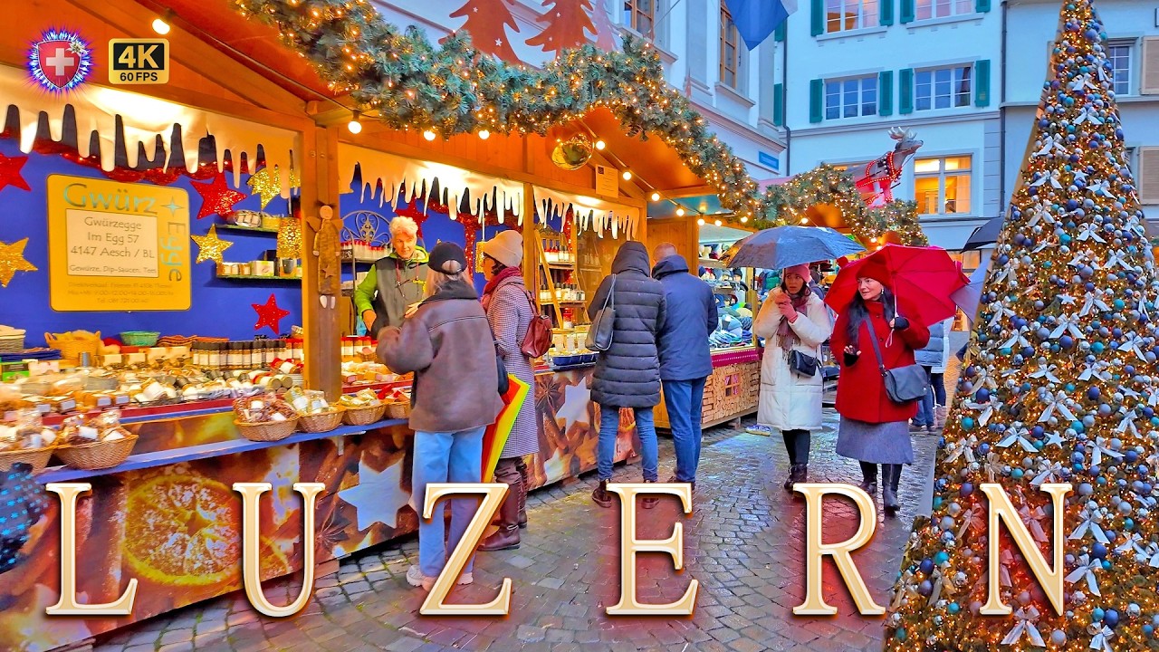 LUCERNE SWITZERLAND ✨ Christmas Markets Evening Walking Tour 4K Shopping Streets & Bridges
