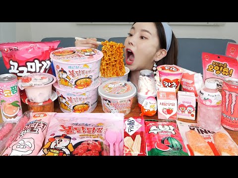 [Mukbang ASMR] Pink Convenience Store Food 🌸 Carbo Buldak Spicy Ramen Dessert Eatingshow Ssoyoung