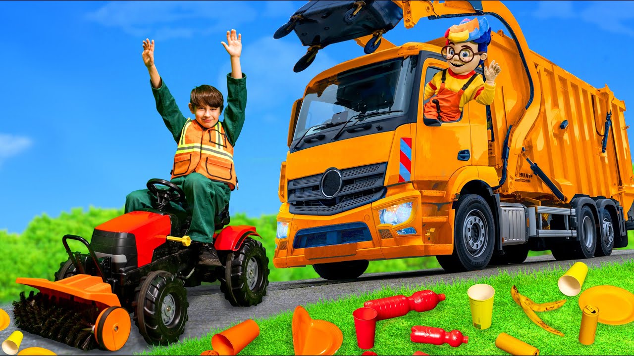 ⁣Les enfants jouent avec de vrais camions à ordures