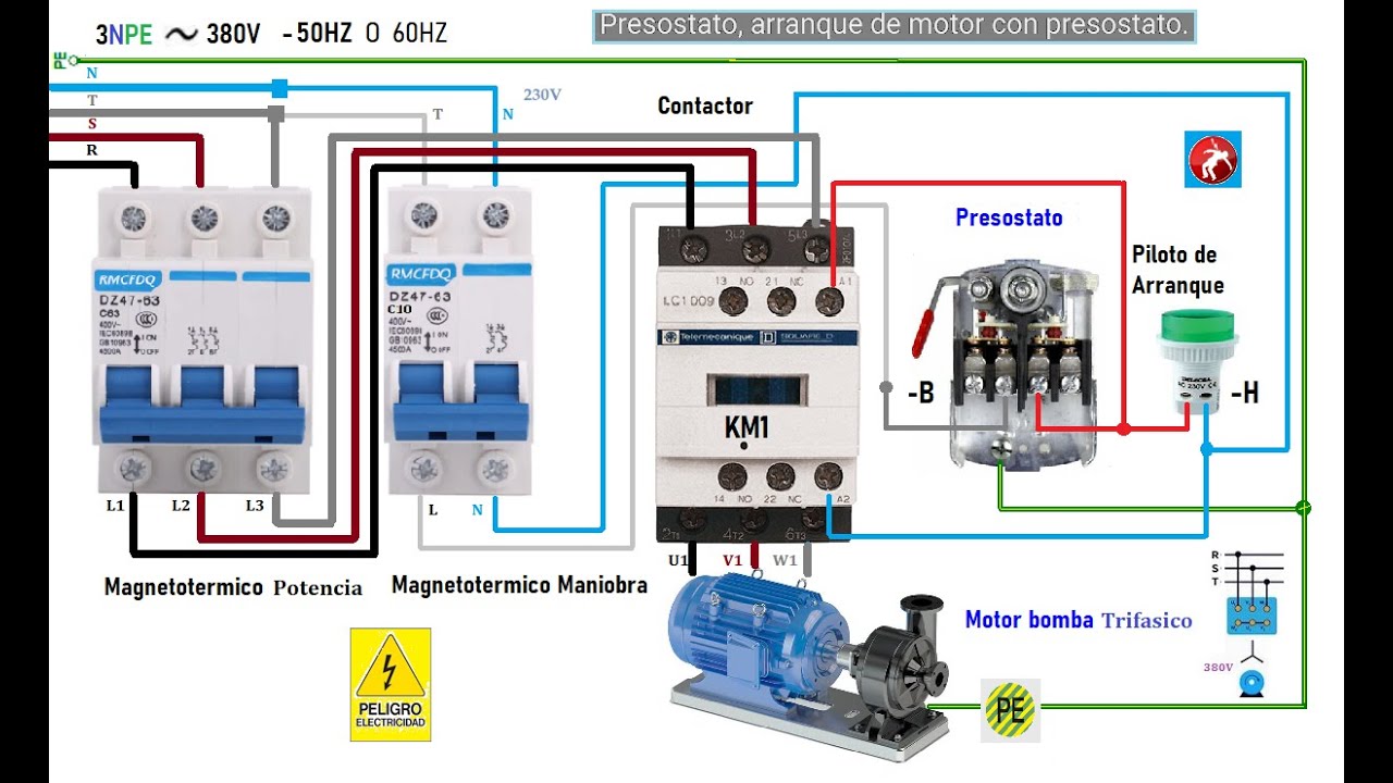 CONECTAR BOMBA DE AGUA CON PRESOSTATO A CONTACTOR. 