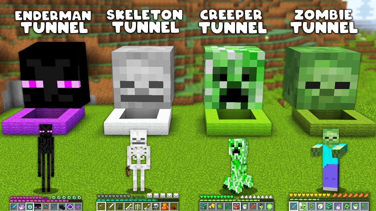 Minecraft Enderman Skeleton Creeper Zombie Secret Tunnels - How To Play ...