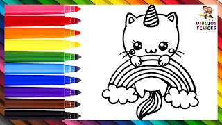 Dibuja y Colorea Un Gato Unicornio🐱🦄💝🌈 Dibujos Para Niños