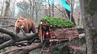 Escape from the brown bear. Building a safe, warm and strong tree shelter on a broken tree.fire food