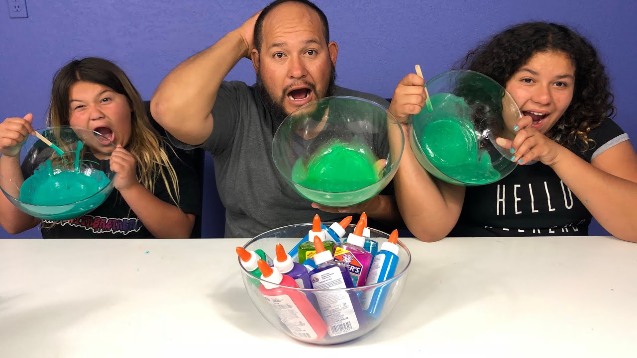 3 Colors Of Glue Slime Challenge With Our Dad