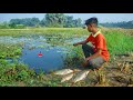 Fishing Video🎣 | The Brave Smart Boy Found a new village pond and caught many fishes || Hook fishing