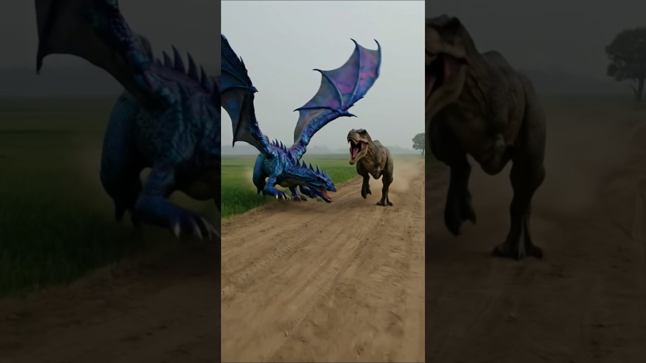 action movie scene with a dragon and  danasur 