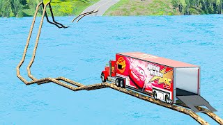 Mack truck vs Impossible Double Log Wave Bridge Truck Car Rescue -Cars vs Deep Water-BeamNG.drive