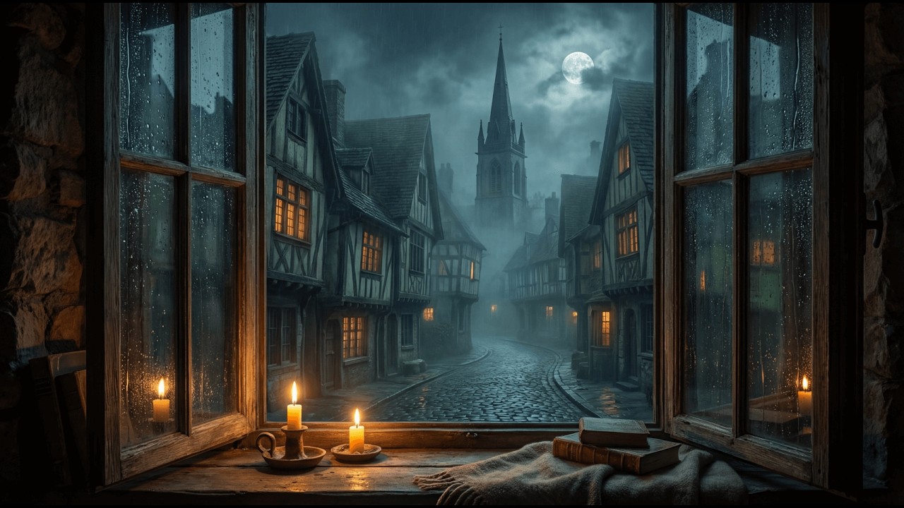 Foggy Medieval Village at Night 🌙 Rain, Candles Haunted Street Ambience | 4K Dark Atmosphere 2 Hours