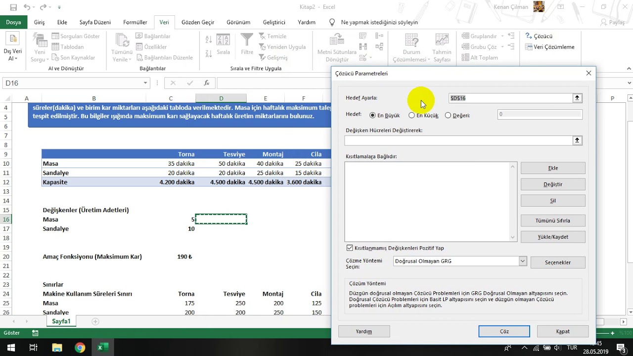 2.0.1.Excel Çözücü - Üretim Planlama