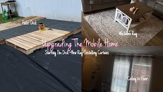 DIY PALLET DECK, NEW RUG, HANGING NEW CURTAINS| MOBILE HOME LIVING