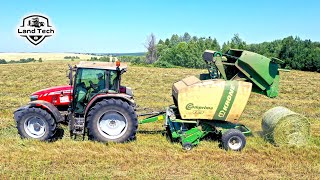 Заготовка сена в хозяйстве: трактор Massey Ferguson 6713 и пресс-подборщик Krone Comprima F155