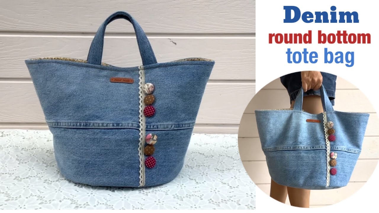 how to sew a denim round bottom tote bags tutorial, sewing diy a round ...