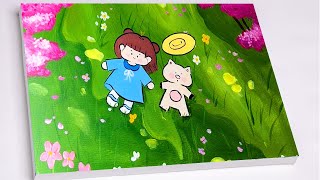 Cute Girl and cat on the grass painting | acrylic painting for beginners by Draw so cute 3,200 views 1 month ago 8 minutes, 2 seconds