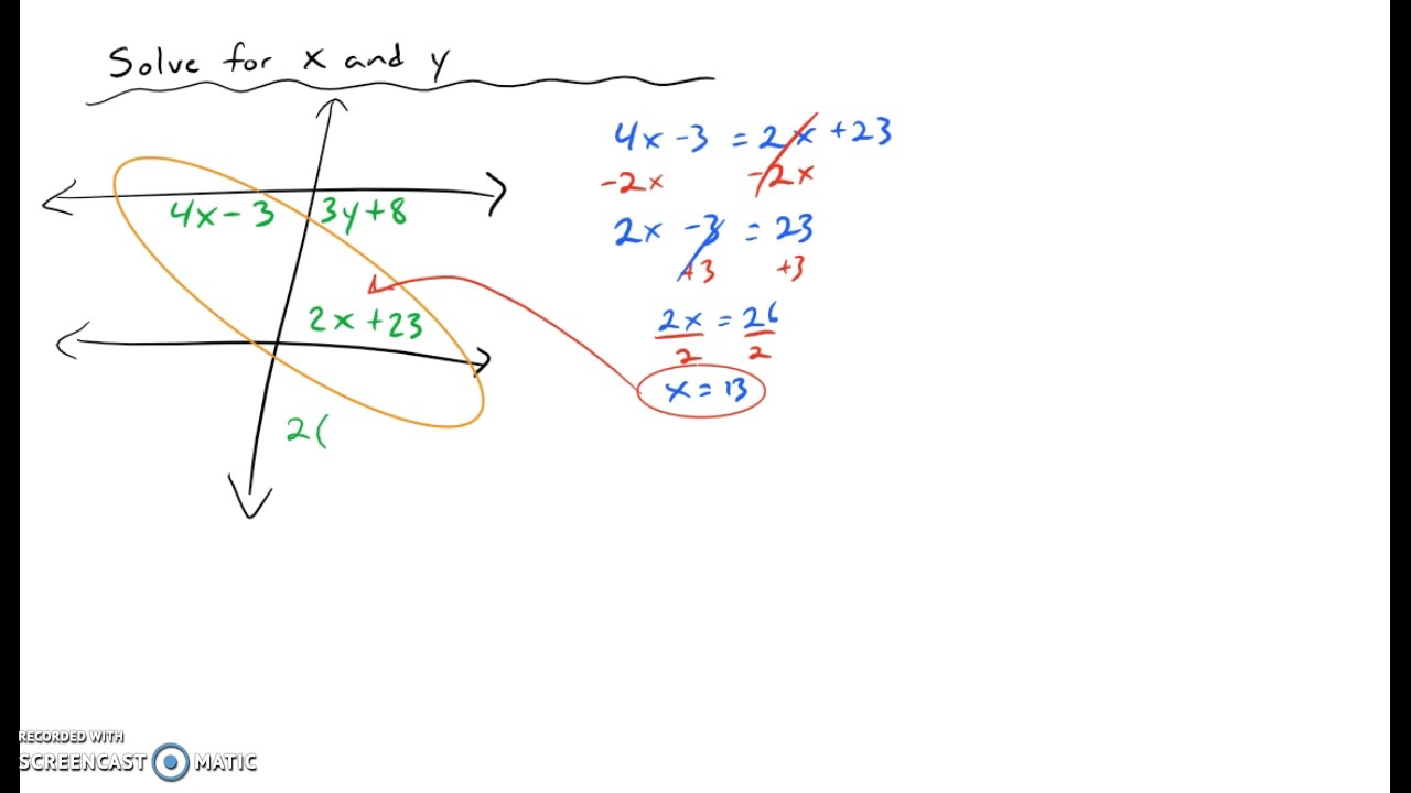 Solve for x & y using angle pair theorems YouTube