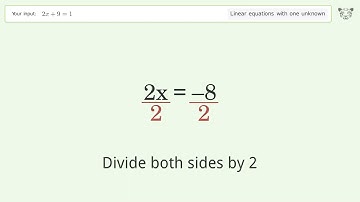 Linear equation with one unknown: Solve 2x+9=1 step-by-step solution