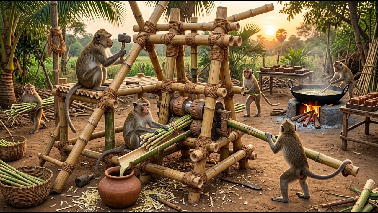 Indian Monkeys Building a Traditional Sugarcane Jaggery Mill (4K)