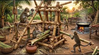 Indian Monkeys Building a Traditional Sugarcane Jaggery Mill (4K)