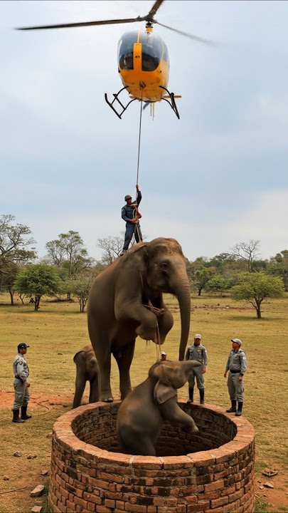 Rescue team is taking the elephant and its baby out of the well using helicopter #helicopter
