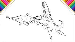 How to Draw Mosasaurus eating Ichthyosaurus | Jurassic World