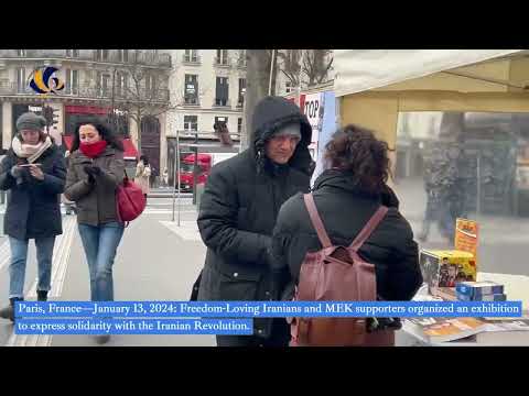 Paris—January 13, 2024: MEK supporters held an exhibition in solidarity with the Iranian Revolution.