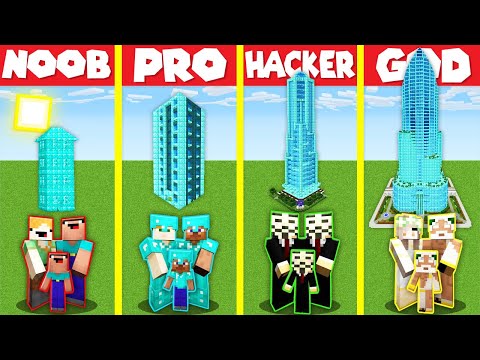 Minecraft Battle: DIAMOND SKYSCRAPER HOUSE BUILD CHALLENGE - NOOB vs PRO vs HACKER vs GOD Animation