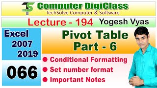 Lecture - 194 : Excel : Pivot Table part - 6 | Conditional formatting | Right way of number format