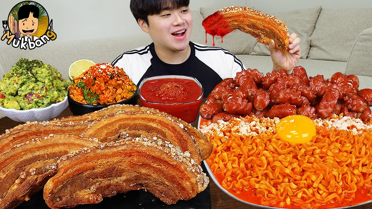 ASMR MUKBANG 직접 만든 대왕 소세지 까르보 불닭볶음면 핫도그 통삼겹 먹방 & 레시피 FIRE NOODLES AND SAUSAGE EATING SOUND!