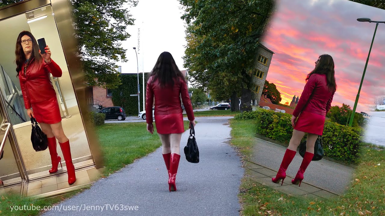 Jenny Crossdresser -  Red leather high heel boots, red leather skirt and red leather jacket